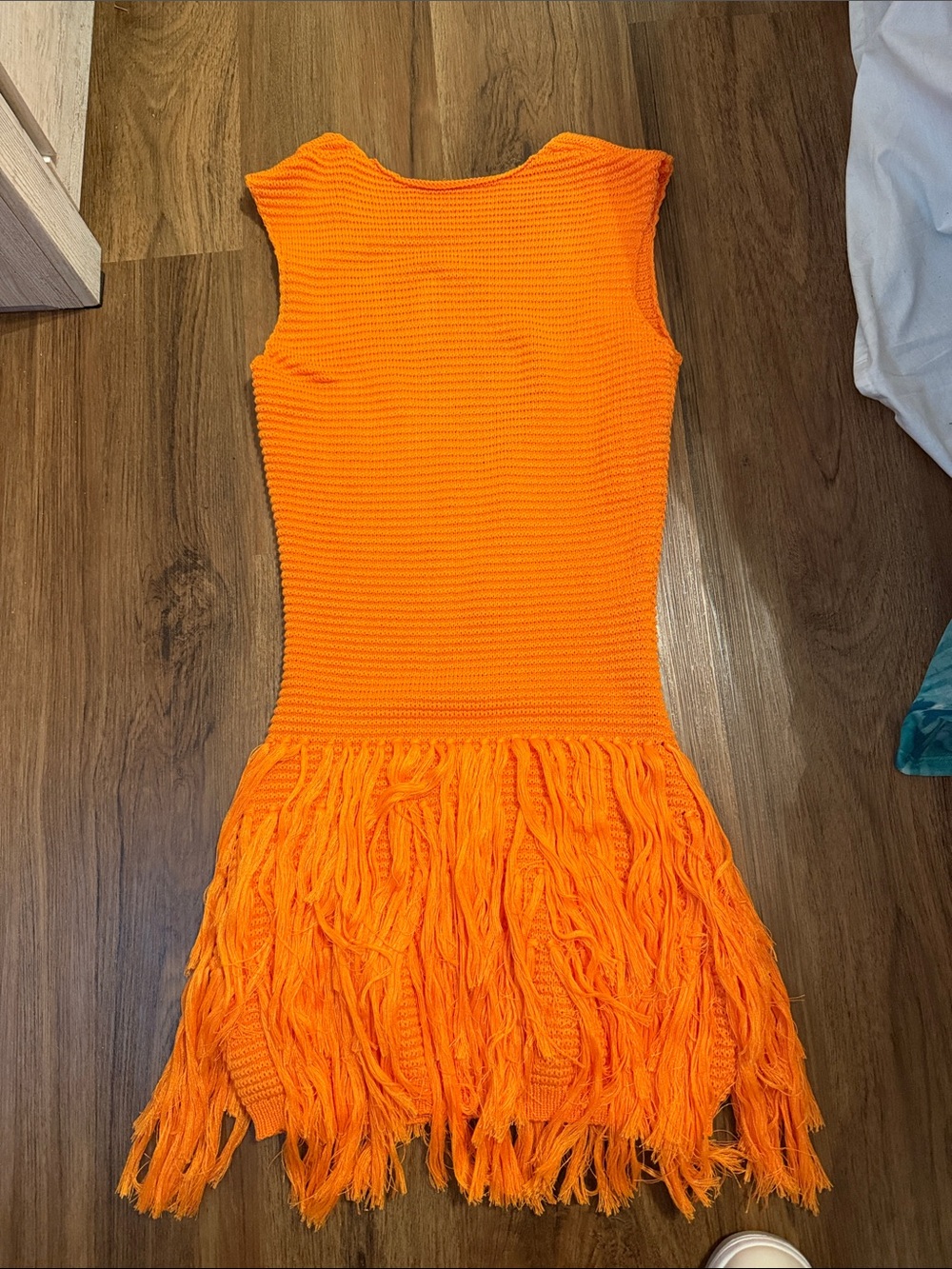 Sleeveless Orange Knit Fringe Mini Dress